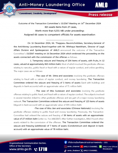 Outcome of the Transaction Committee’s 15/2567 Meeting on 16th December 2024     821 assets items from 27 cases,  Worth more than 4,551 MB under proceedings  Assigned 66 cases to competent officials for assets examination